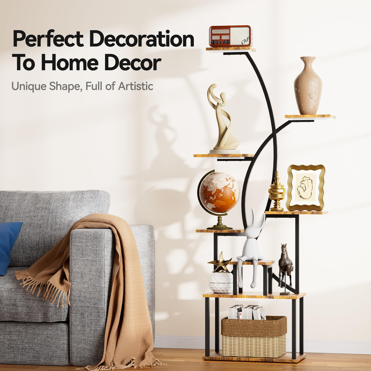 Tall Corner Shelf Stand with LED Lights, 8 Tier Bookshelf for Living Room, 65" Black Display Shelf Storage Cabinet Metal Plant Stand, Standing Rack Shelves Cases for Home Decor, Bedroom, Office JUSTOGO