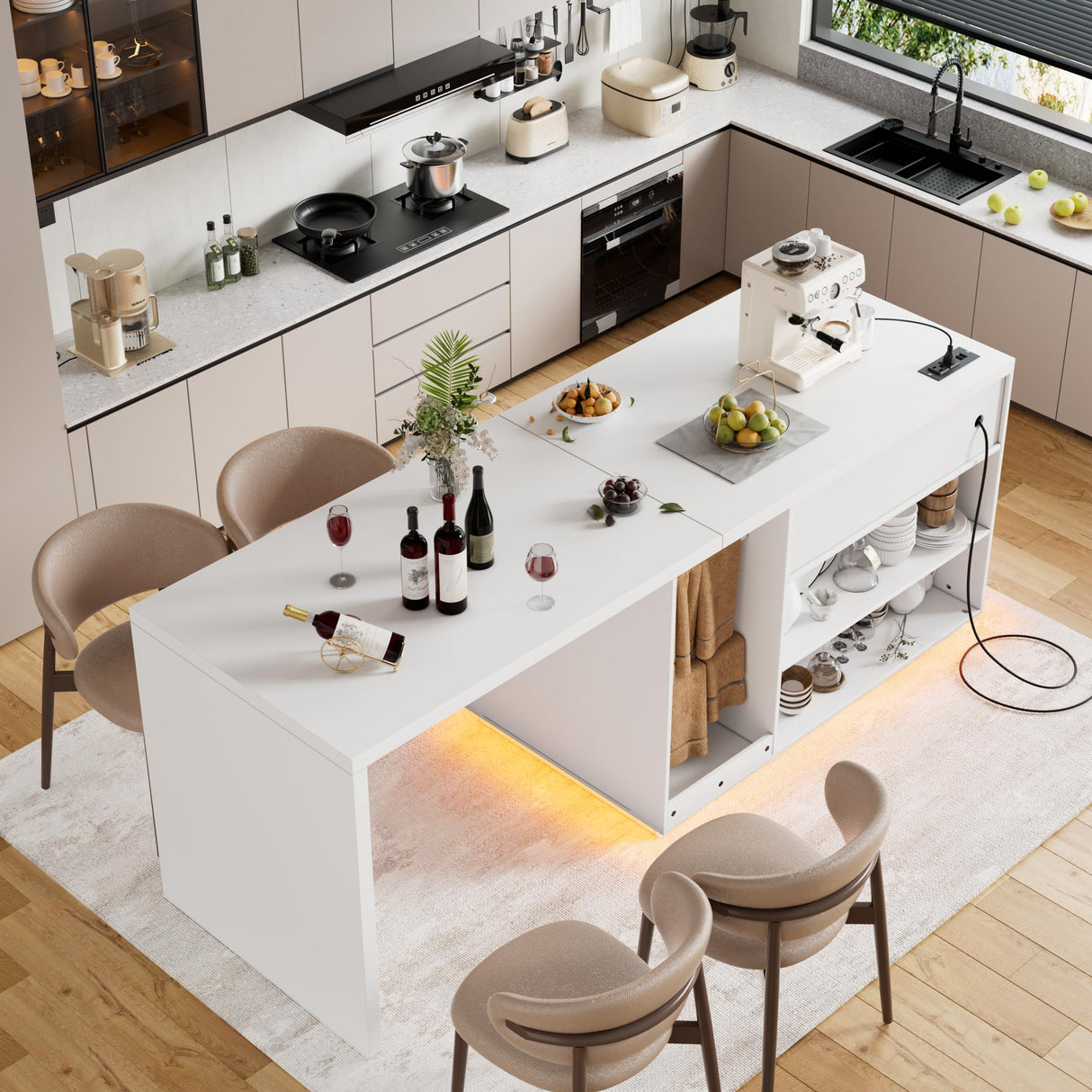 PAKASEPT Kitchen Island with Stationary Dining Table, 78.7" Storage Islands with LED Light, 4 Drawers, Open Shelves, 1 Cabinet, Power Outlet, Breakfast Bar Counter - Kitchen Table Coffee Bar PAKASEPT