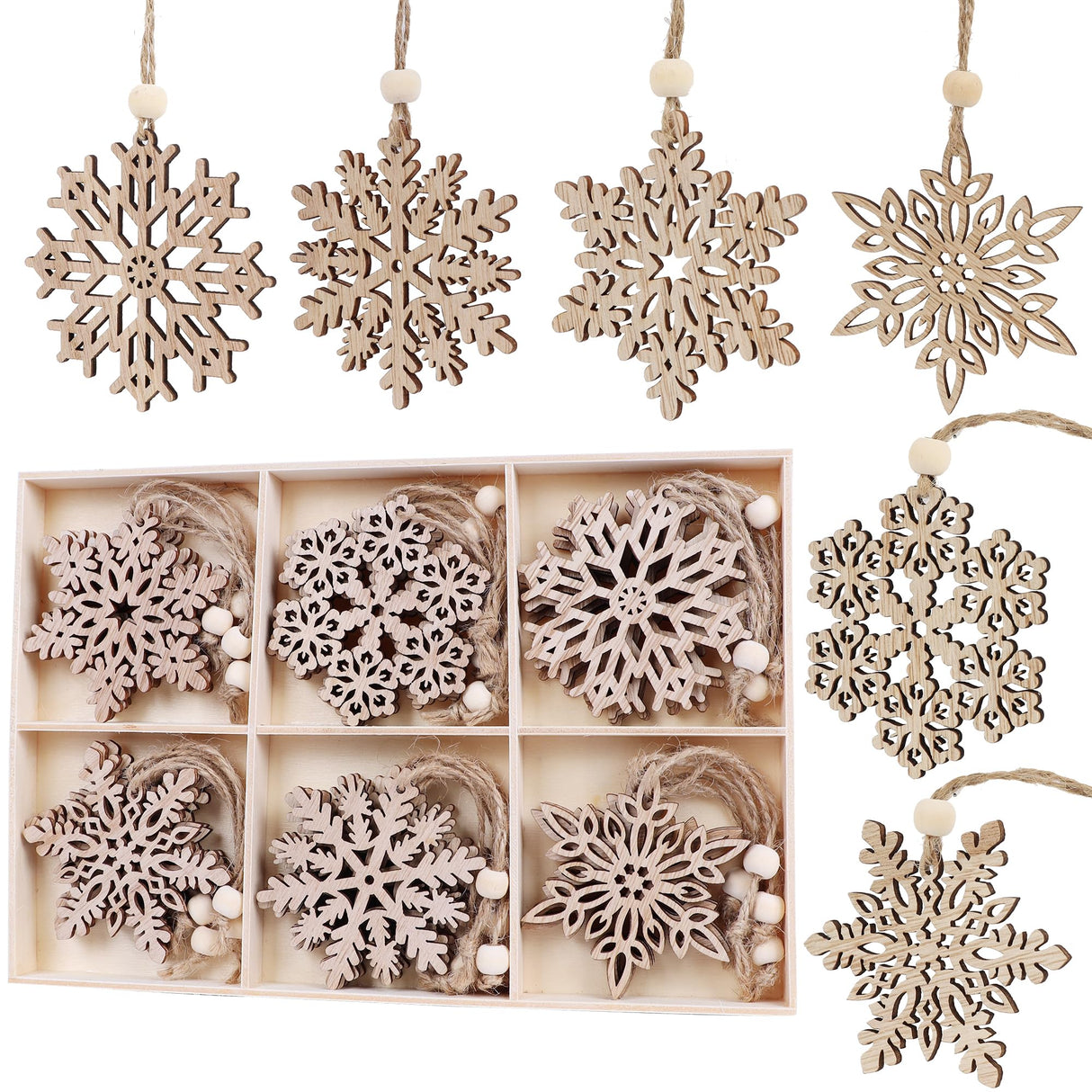 24 Pieces Wooden Christmas Snowflakes Ornaments 3inch Snow Flake Hanging Ornament for Rustic Christmas Tree Decoration Holiady Gift Crafts HUADODO