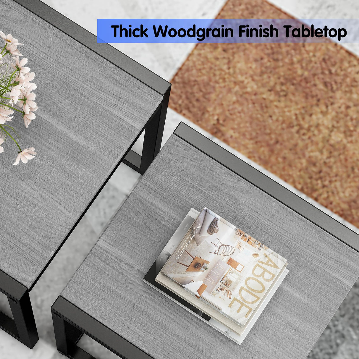 HAHRIR Nesting Table Set of 3 Side Tables, Modern Coffee Table Stacking End Table with Metal Frame (A-Square, Grey) HAHRIR