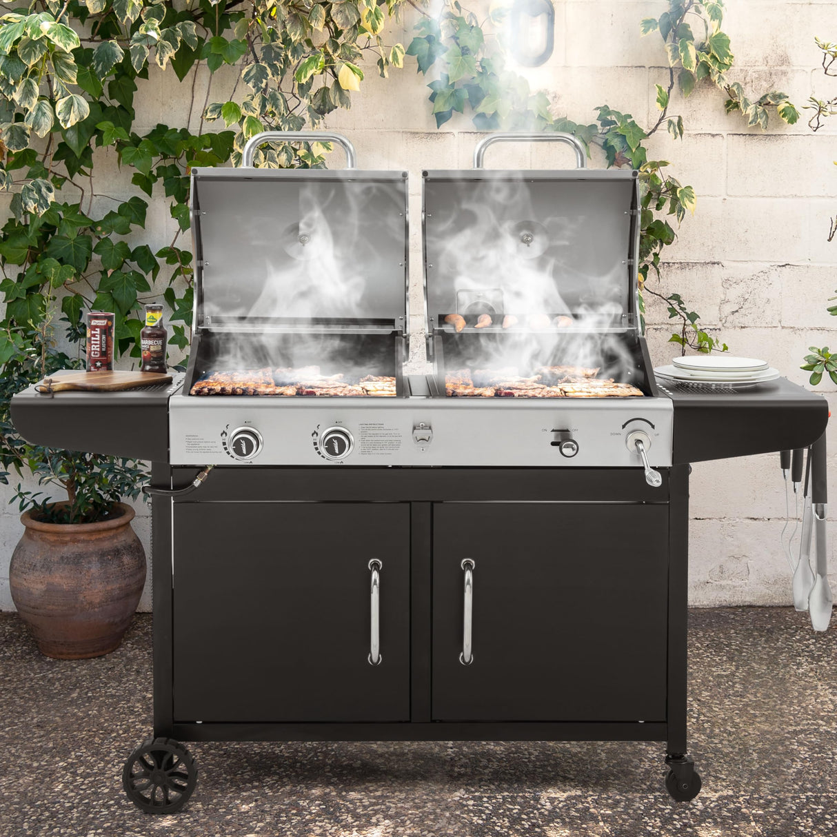 Royal Gourmet ZH3002N Propane Gas and Charcoal Grill Combo, Dual Fuel BBQ Grill with 2 Side Shelves for Outdoor Patio Garden Backyard Barbecue, 20,000 BTUs, Silver & Black Royal Gourmet