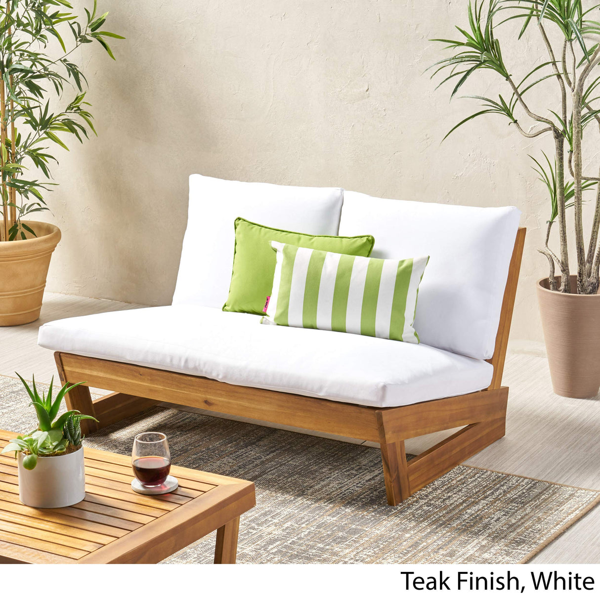 Great Deal Furniture Kaitlyn Outdoor Acacia Wood Loveseat with Cushions, Teak and White GDFStudio