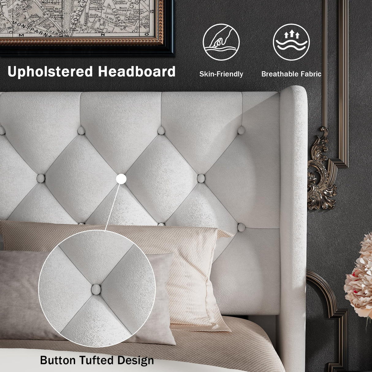 GalnFu Queen Size Bed Frame with Button Tufted Headboard, Upholstered Platform Bed Frame with UnderBed Storage, Wooden Slats Supports, Noise Free, No Box Spring Needed, Easy Assembly, White GalnFu
