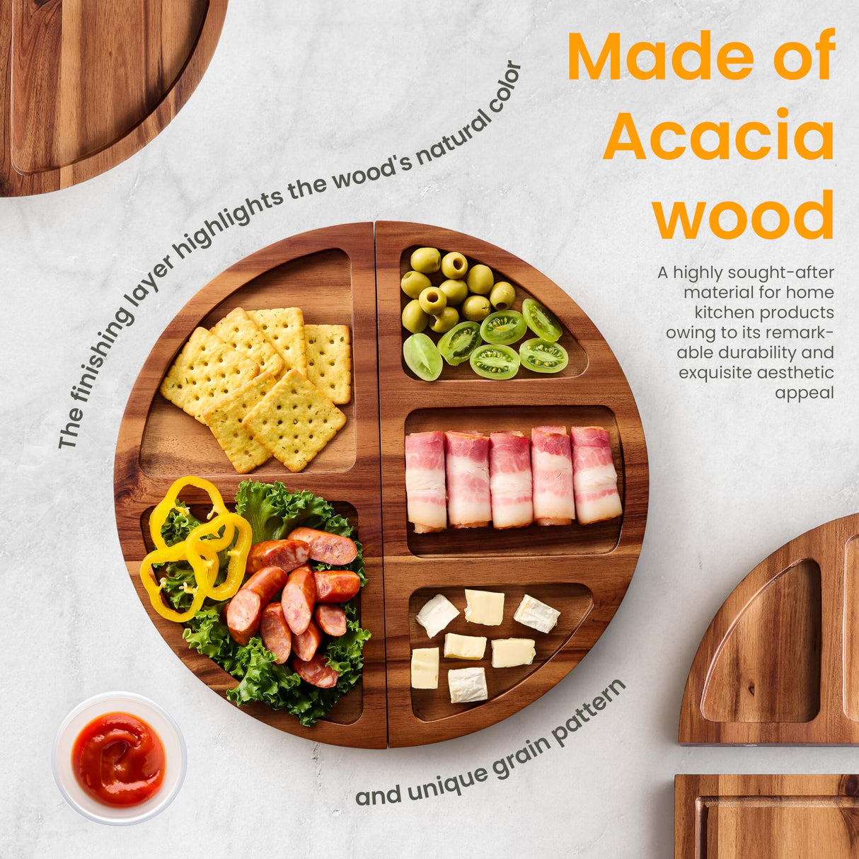 TIDITA Acacia Large Charcuterie Board & 4 Knives Set - 3 Part Long & Round Magnetic Cheese Boards Wooden - Extra Large Charcuterie Board Serving Platter - Acacia Wood Serving Board (30 x 13 Inch) Tidita