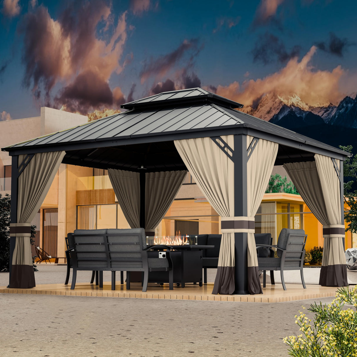 ASJMR 12x14ft Hardtop Gazebo Double Roof, outdoor pavilion with 2-layer hard top galvanized iron frame garden tent, suitable for courtyards, backyards, decks, and grass ASJMR