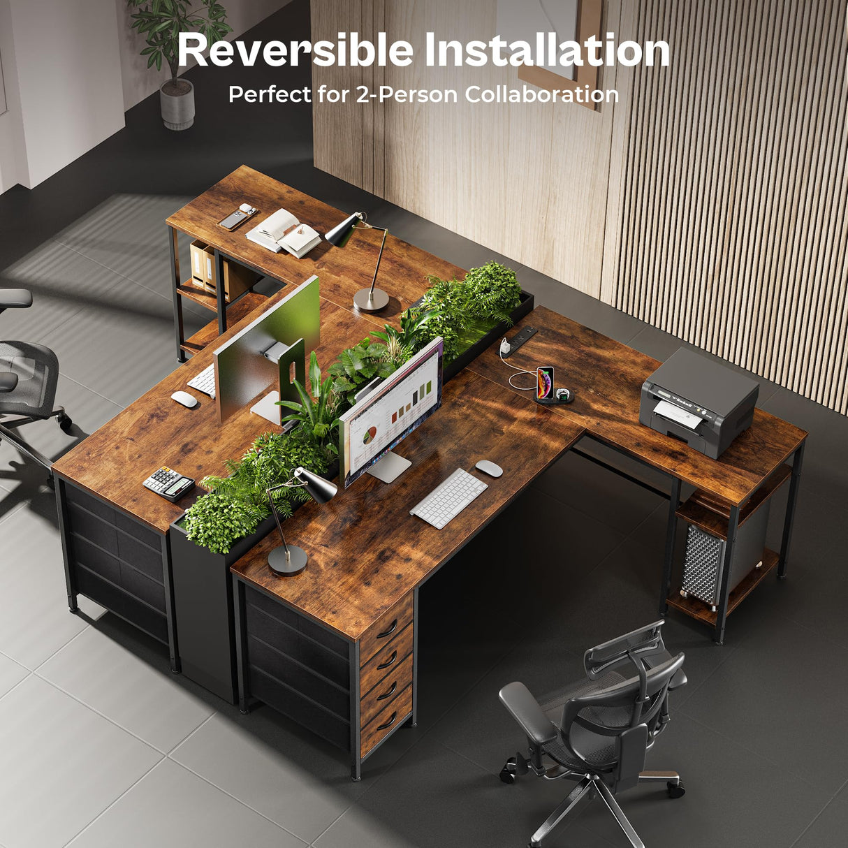 Huuger 63 Inch L Shaped Desk with Fabric Drawers, Reversible Computer Gaming Desk with Power Outlets and USB-C Port, Adjustable Side Storage Shelves, for Work Study Corner Home Office, Rustic Brown Huuger