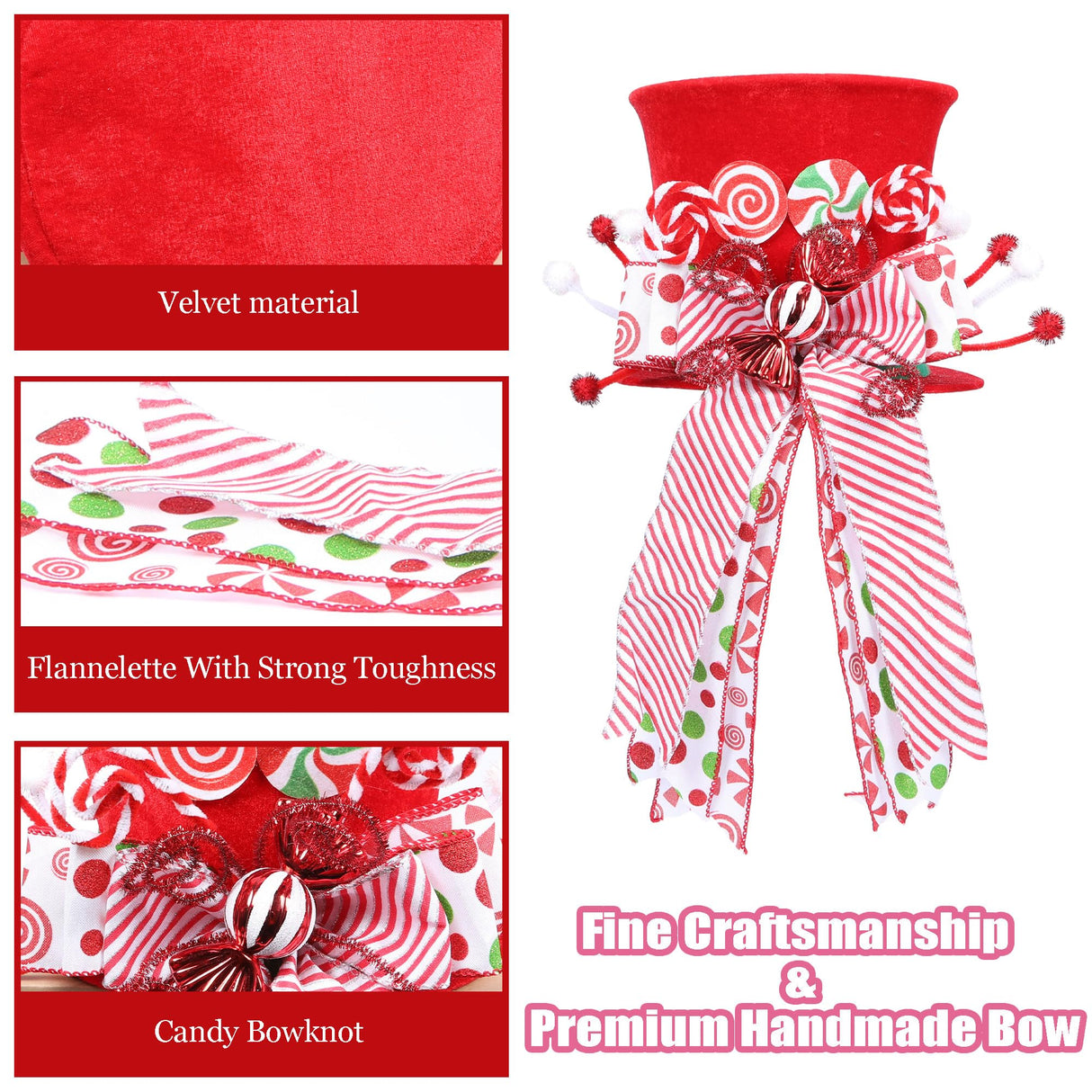 HMASYO Candy Cane Christmas Tree Topper - Large Red Tree Topper Hat with Candy Peppermint Bows Ribbon Ornament, Top Hat Christmas Tree Topper for Home Office Holiday Tree Decoration Xmas Gift HMASYO