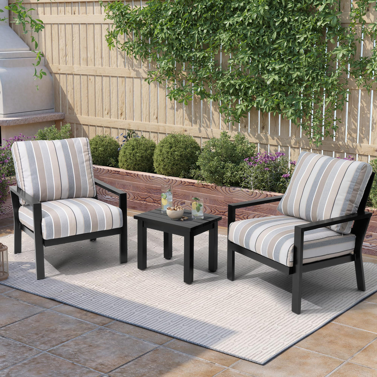 Pellebant 3 Pieces Patio Conversation Set with Sunbrella Cushion, Aluminum Patio Furniture Set Outdoor Bistro Set Modern Armchair Sofa and Side Table for Garden, Balcony, Backyard, Milano Char Pellebant