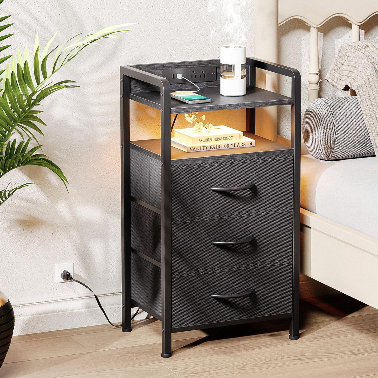 Lazzanto Night Stand Bedside Charger Bedroom - Nightstand with Charging Station & LED Light Strip, Night Stand with Storage Shelf & 3 Fabric Drawers, Morden End Table with U-S-B Ports & AC Outlets Lazzanto