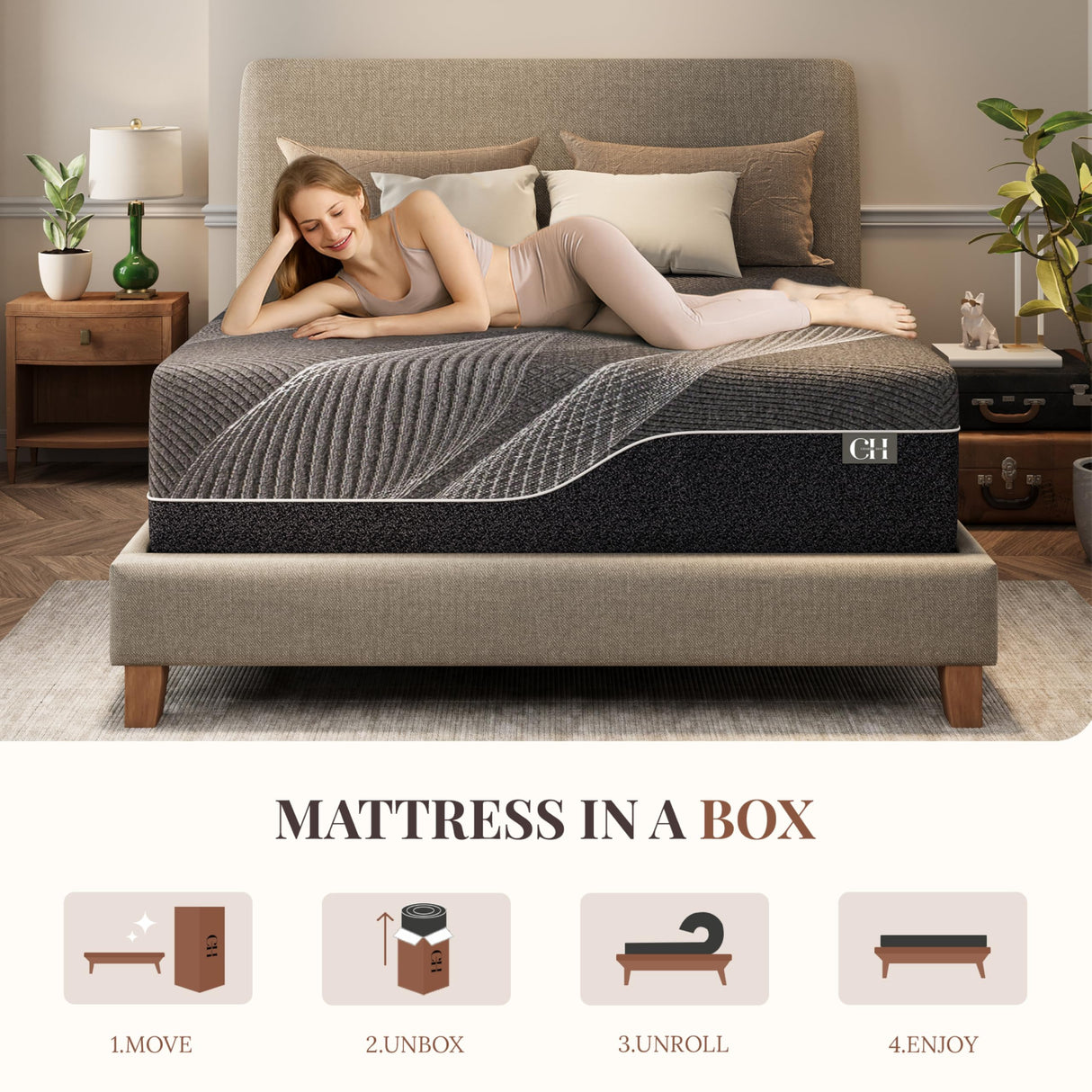 CH CHARME HOUSE 14 Inch Full Mattress, Bamboo-Charcoal Memory Foam Mattress, Cooling & Pressure Relief, Bed in a Box, Foam Made in USA & CertiPUR-US Certified, 54'x75'x14', Black CH CHARME HOUSE