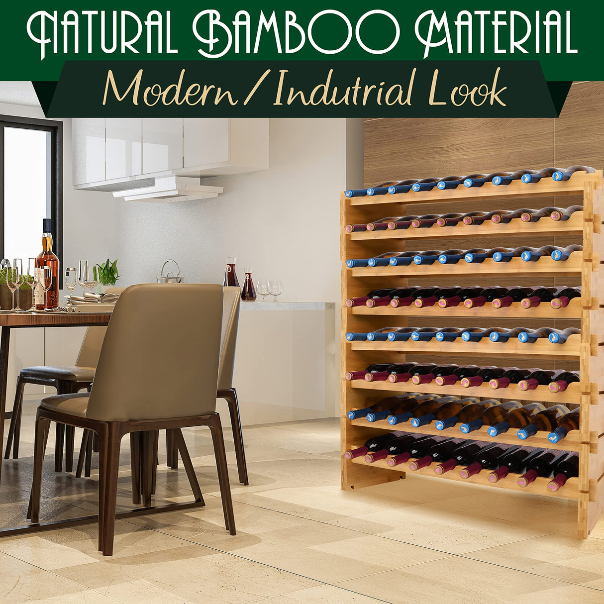 SereneLife Bamboo Stackable Wine Rack, 8-Tier 72 Bottle Capacity Wine Racks Free Standing Floor, No Tools Assembly, Modular Storage Display Shelf for SereneLife