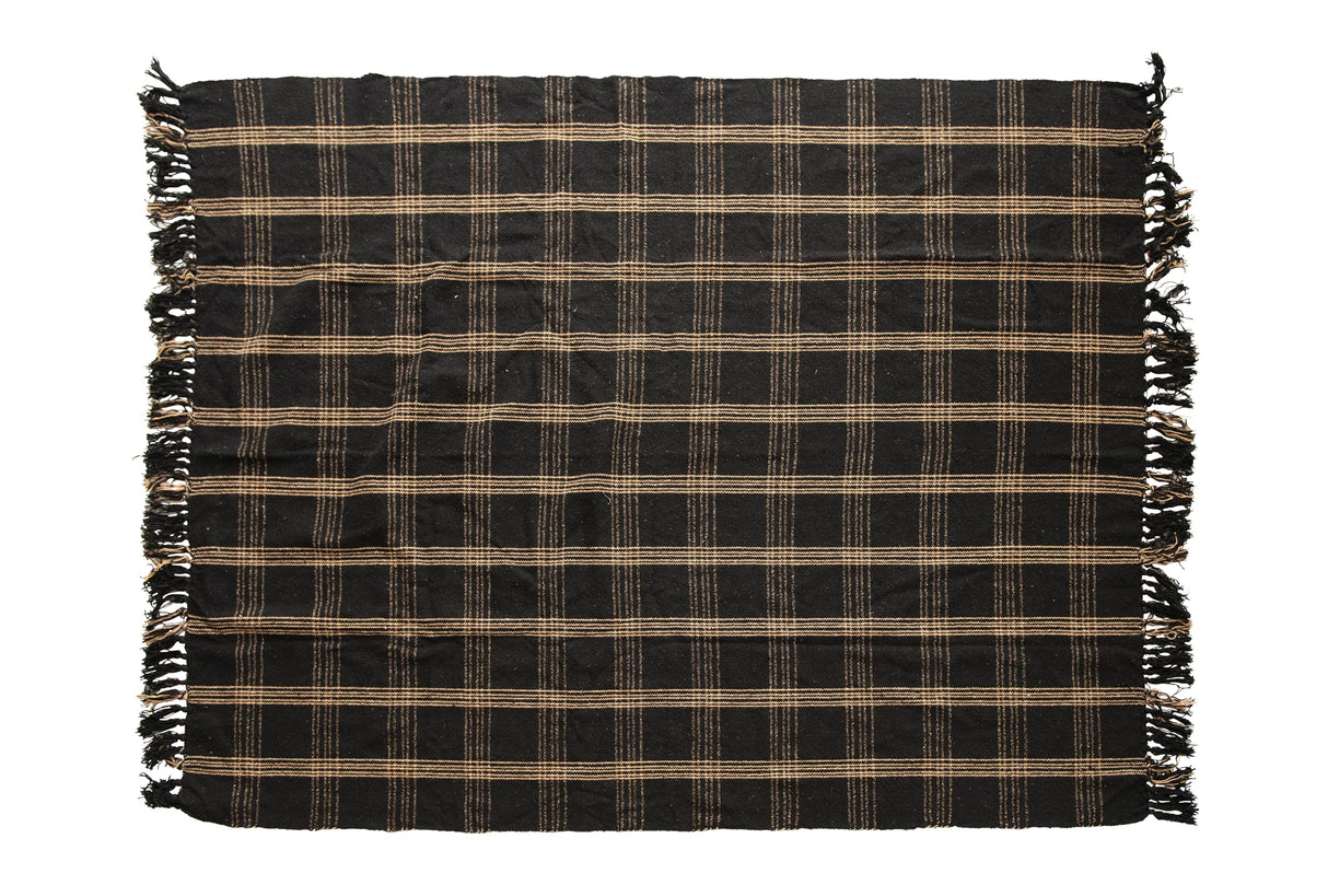 Plaid Black & Tan Fringed Woven Cotton Blend Throw Creative Co-Op