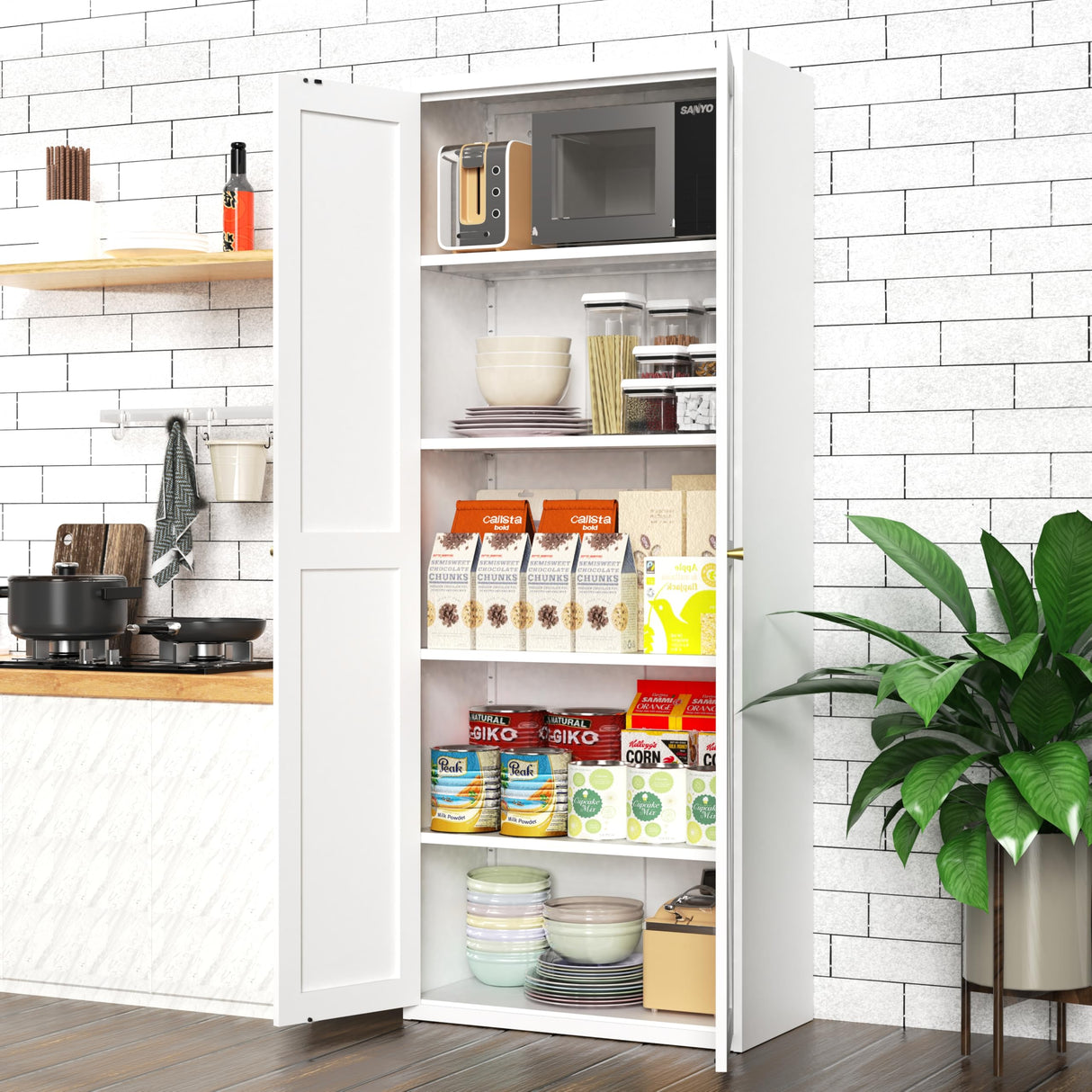 Howzone Food Pantry Cabinet, 71" Kitchen Pantry Storage Cabinets with Doors and Adjustable Shelves, Metal Hutch Cabinet with Storage for Kitchen, Living Room, Dining Room, White Howzone