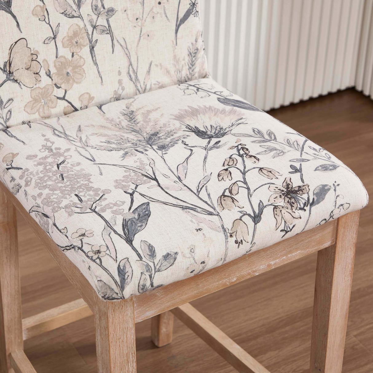 Kmax 26 Inch Bar Stools Set of 2, Farmhouse Upholstered Bar Stools with Back Support Rustic Wooden White Armless Barstools for Bar Club Pub - Linen, Floral Pattern Kmax