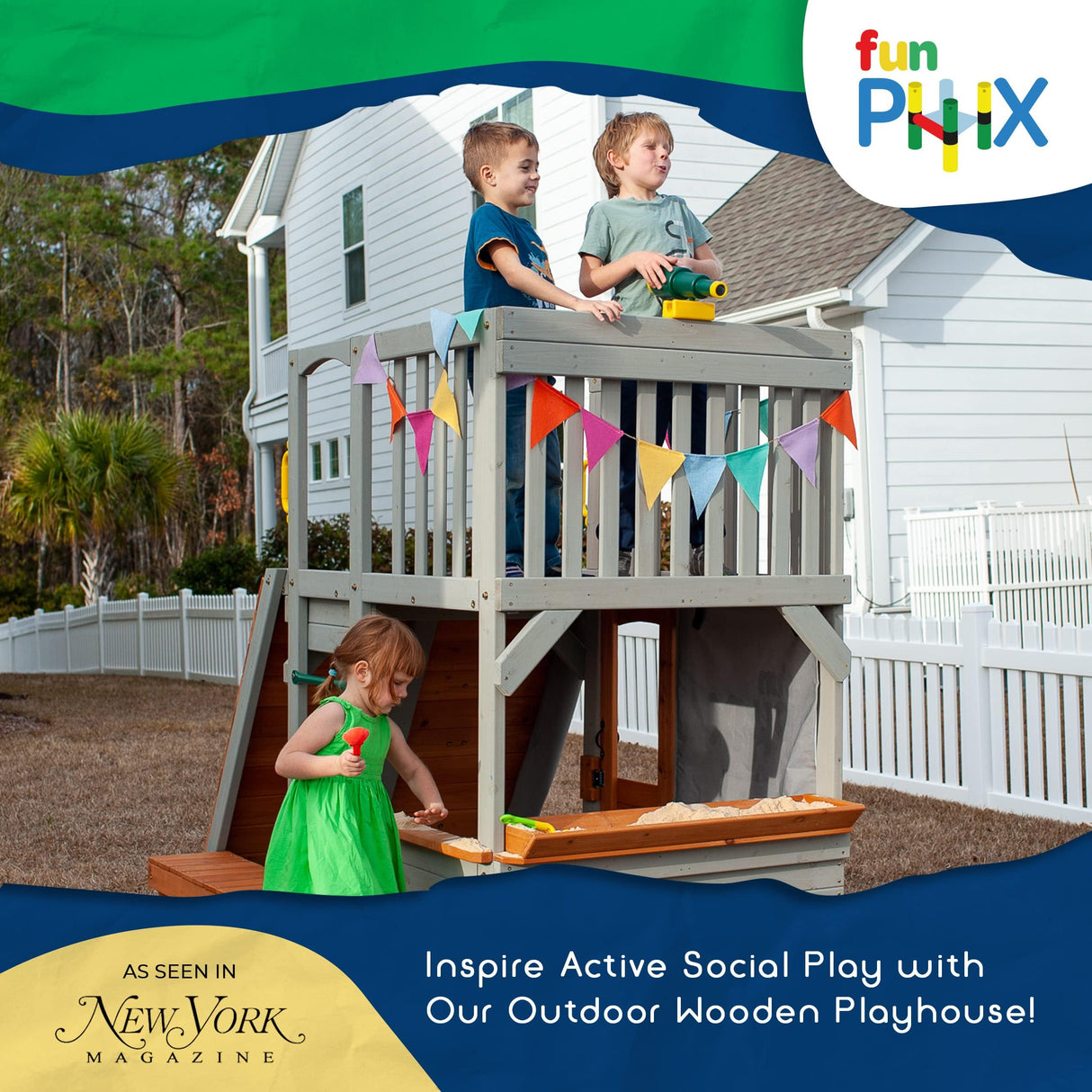Funphix Large Playhouse for Kids Outdoor Wooden Playhouse with Sandbox, Bench, Play Telescope, Ladder, Climbing Ramp & Doors - Durable 2 Levels Lookout Post Outdoor Playset for Backyard Funphix
