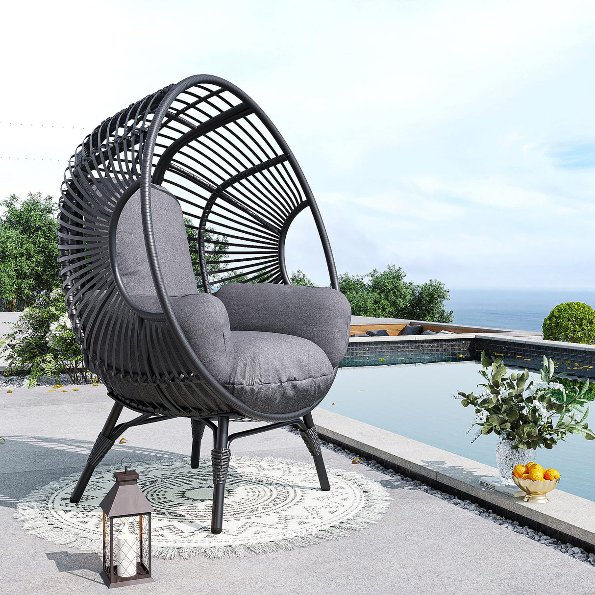 LUTINLIX Oversized Wicker Egg Chair Outdoor Indoor,Patio Lounge Chair with Thicken Cushions & Durable Steel Frame, Egg Basket Chair 500lbs Capacity for Garden, Backyard, Porch,Bedroom (Black-Regular) LUTINLIX
