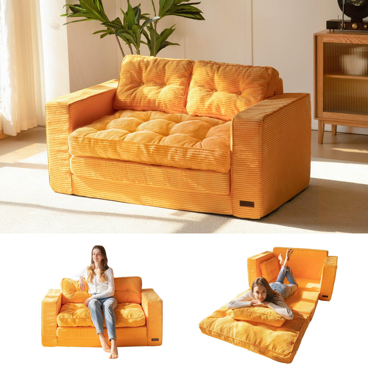 MAXYOYO Convertible Sofa Bed, Pull Out Loveseat Sleeper Sofa, 2 in 1 Folding Couch Bed, Fold Out Floor Couch with Pillows for Living Room Bedroom Lounge, Orange MAXYOYO