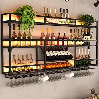 Wall Mounted Wine Rack, Floating Industrial Liquor Glass Holder 3 Tiers, Large Metal Wine Bottle Display Rack Hanging Shelf, for Home Bar Dining Room Decorative (Black-B, 47.42x35.43x9.84in)