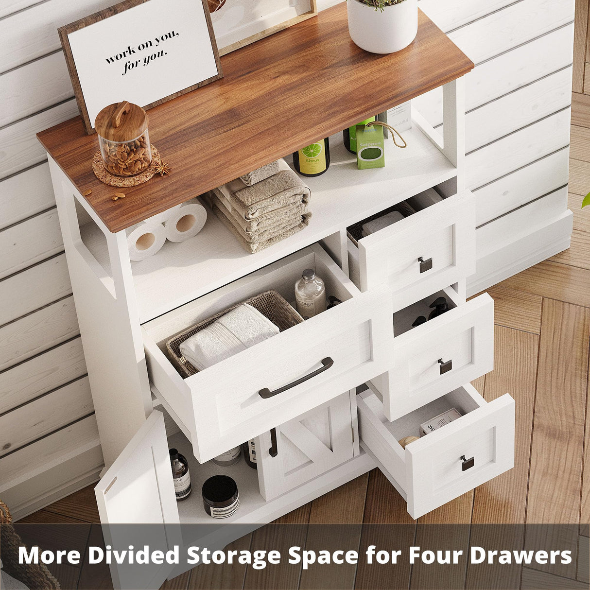 IRONCK Farmhouse Storage Cabinet, Bathroom Floor Cabinet with 4 Drawers & Shelves, 31.5" Wide Kitchen Pantry Cabinet, Adjustable Shelf, Barn Doors, Bathroom, Kitchen,White/Walnut IRONCK