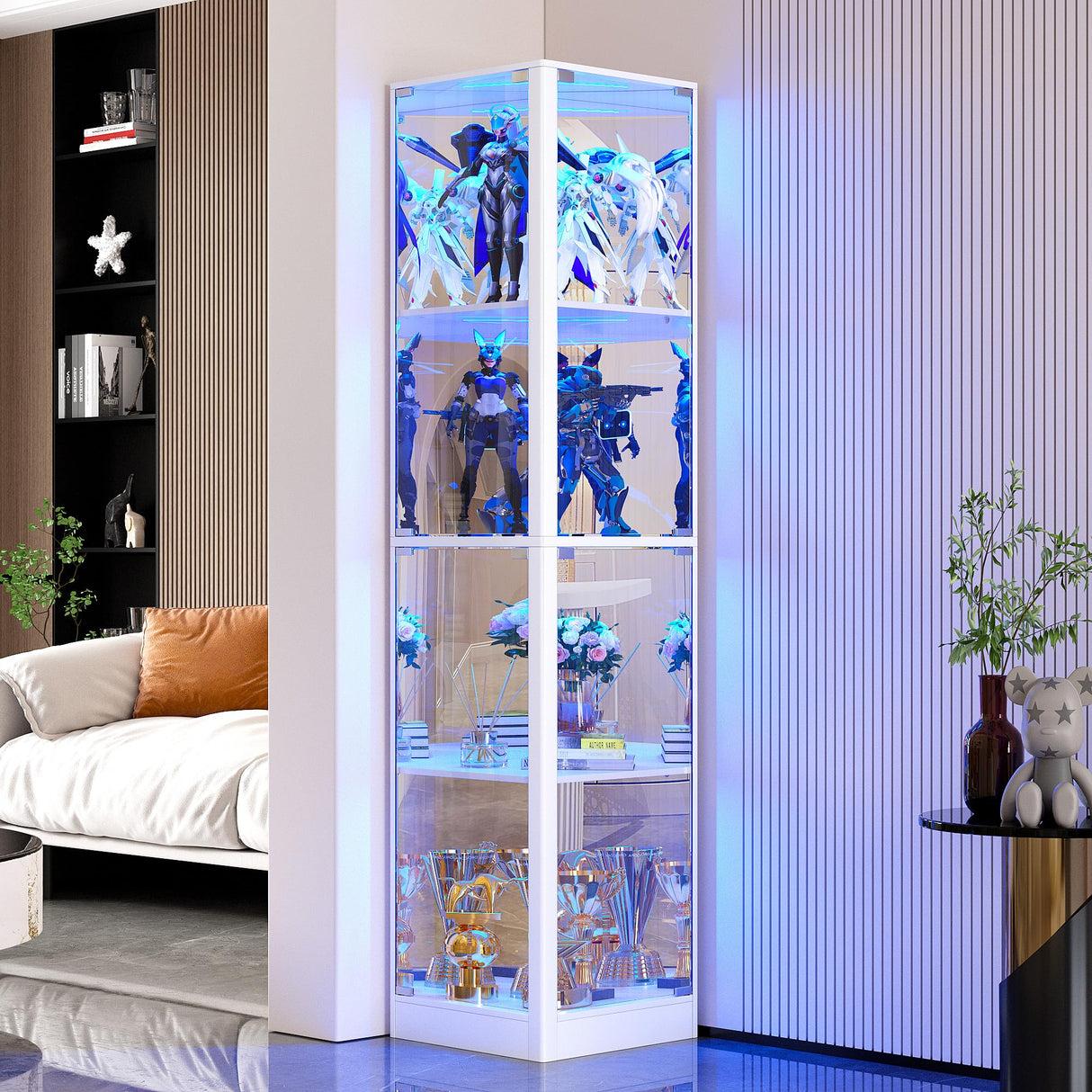 Corner Display Cabinet with Glass Doors, 4 Tier Corner Shelf with LED Lights, 68" Display Case for Collectibles, Toys, Books, Curio Storage Cabinet, White WEQUB