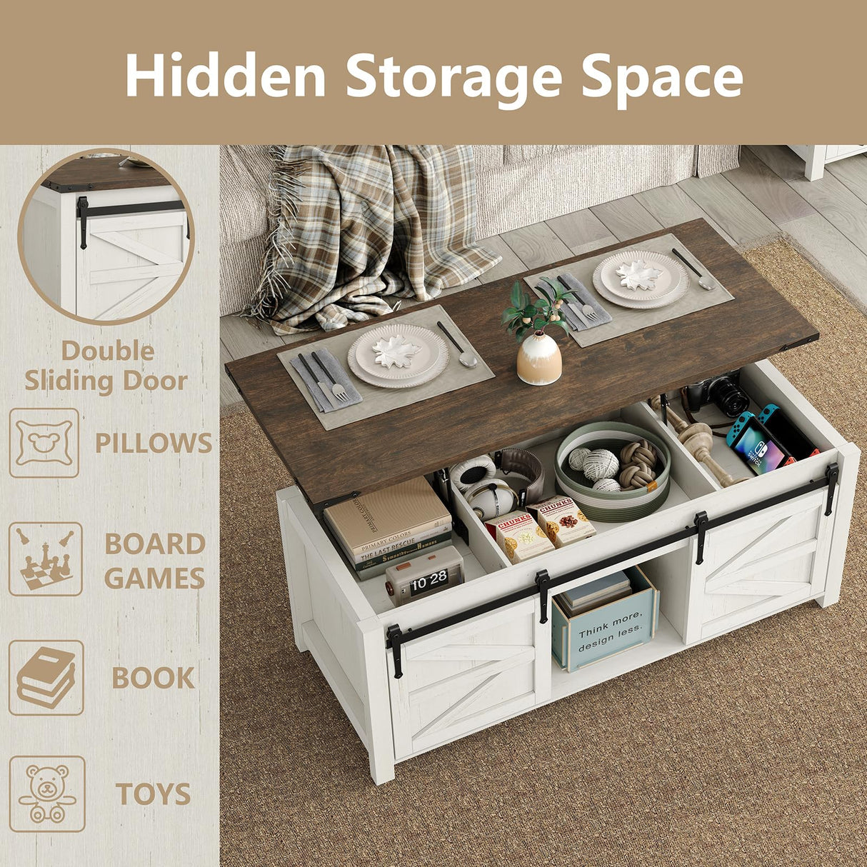 Furnihold Coffee Table 47.3'' Lift Top Coffee Table with Storage, Modern White Coffee Table with Sliding Barn Doors, Farmhouse & Rustic Rectangle Center Table for Living Room, Office, Brown Top Furnihold