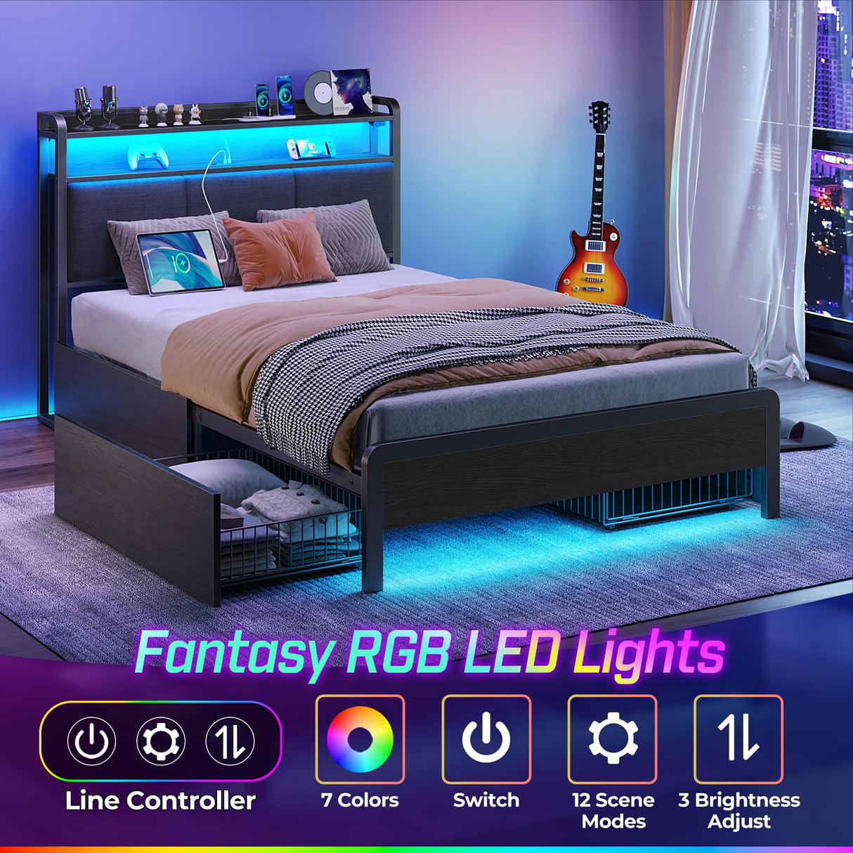 Rolanstar Bed Frame Twin Size with Charging Station and LED Lights, Upholstered Storage Headboard with Drawers, Heavy Duty Metal Slats, No Box Spring Needed, Noise Free, Easy Assembly, Dark Grey Rolanstar