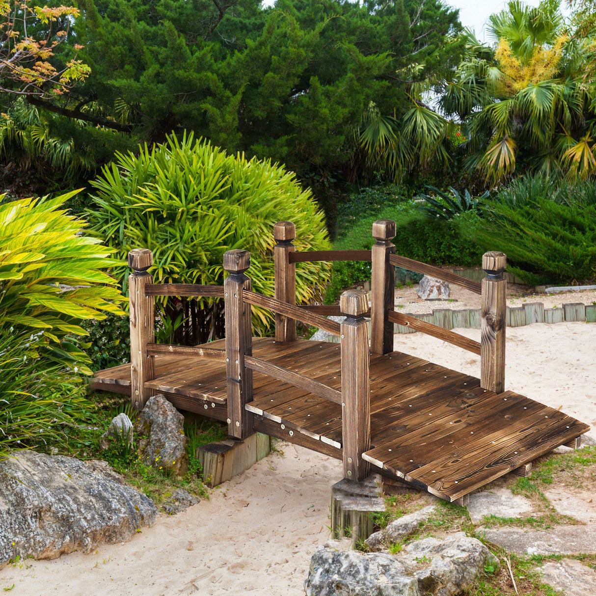 5FT Wooden Garden Bridge Arch Stained Finish Footbridge Decorative Backyard Bridge with Double Safety Railings Outdoor Lawn Pond Bridge Walkway for Garden Yard Patio Courtyard Farm Stream Creek RELIANCER