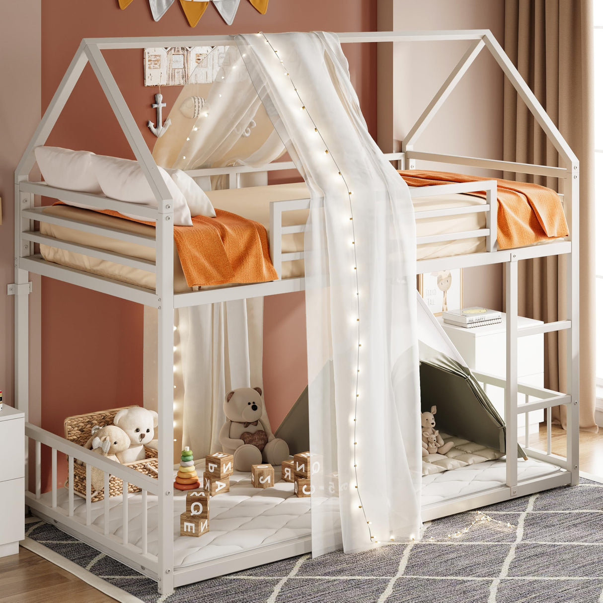 LIKIMIO Bunk Bed Twin XL Over Twin XL, Metal Bunk Bed Frame with Ladder and Guardrail, House Shaped with Metal Slats for Dormitory and Bedroom, Space Saving, No Box Spring Needed, White LIKIMIO