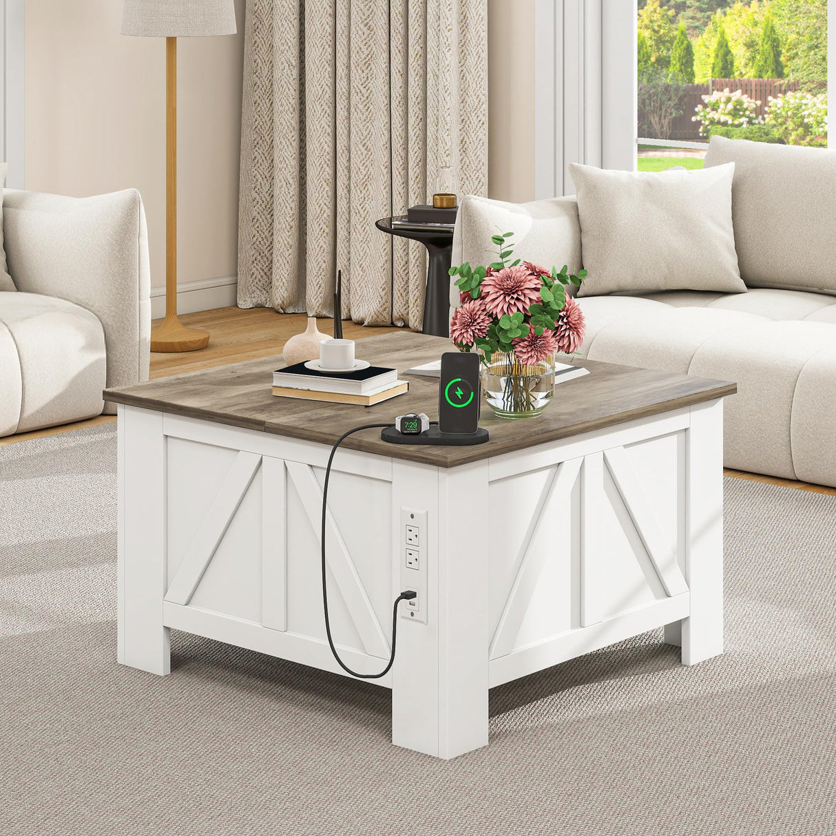 YITAHOME Farmhouse Lift Top Coffee Table with Storage, Wood Square Center Table with Charging Station & USB Ports and Hidden Compartment Coffee Tables for Living Room Bedroom, Home Office, White YITAHOME