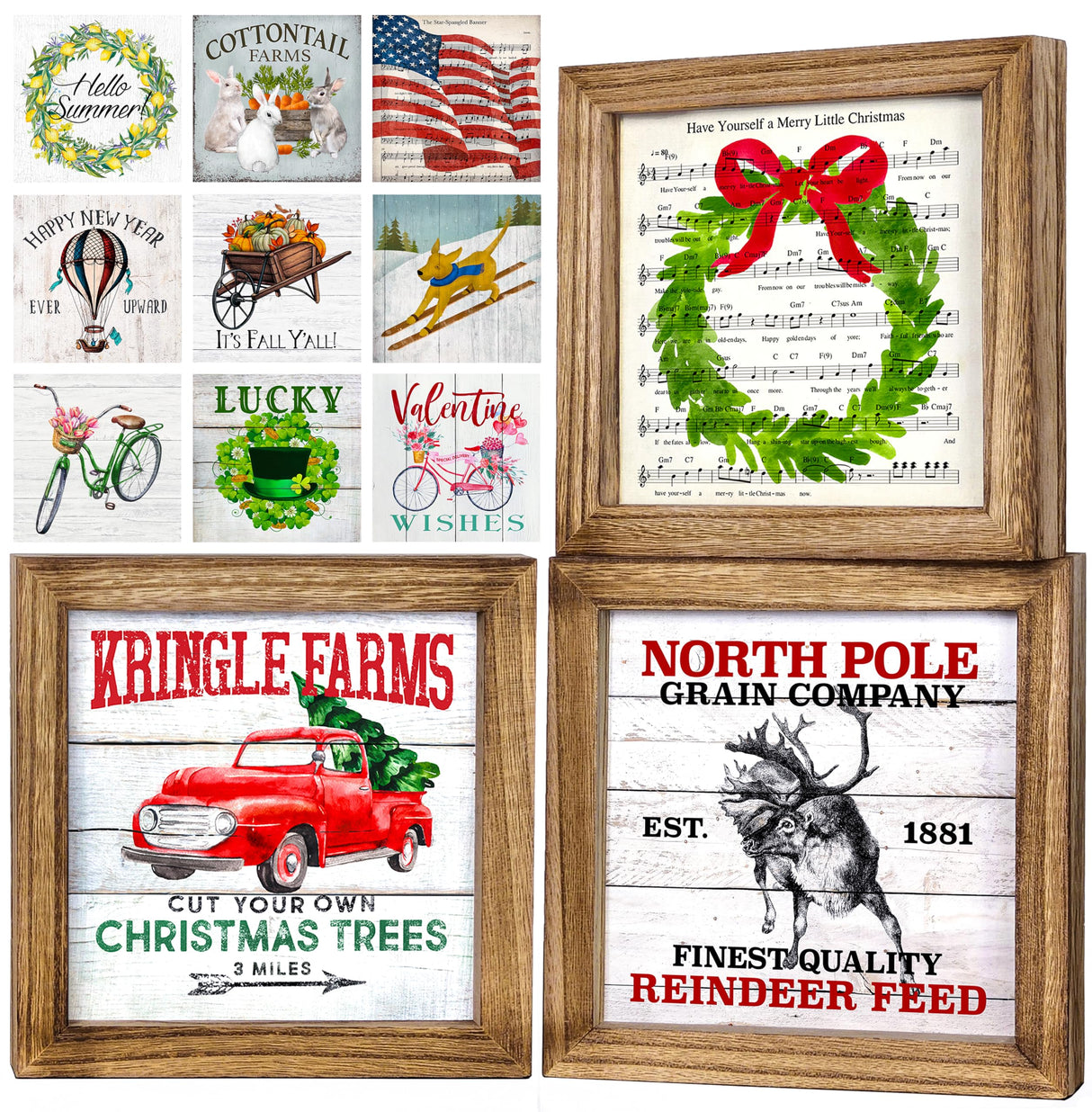 Set of 3 Rustic Wood Frames for Tiered Tray Decor - 36 Interchangeable Seasonal Home Signs for Valentines, St Patrick's Day, All Seasons, 7x7 in Parallel Decor