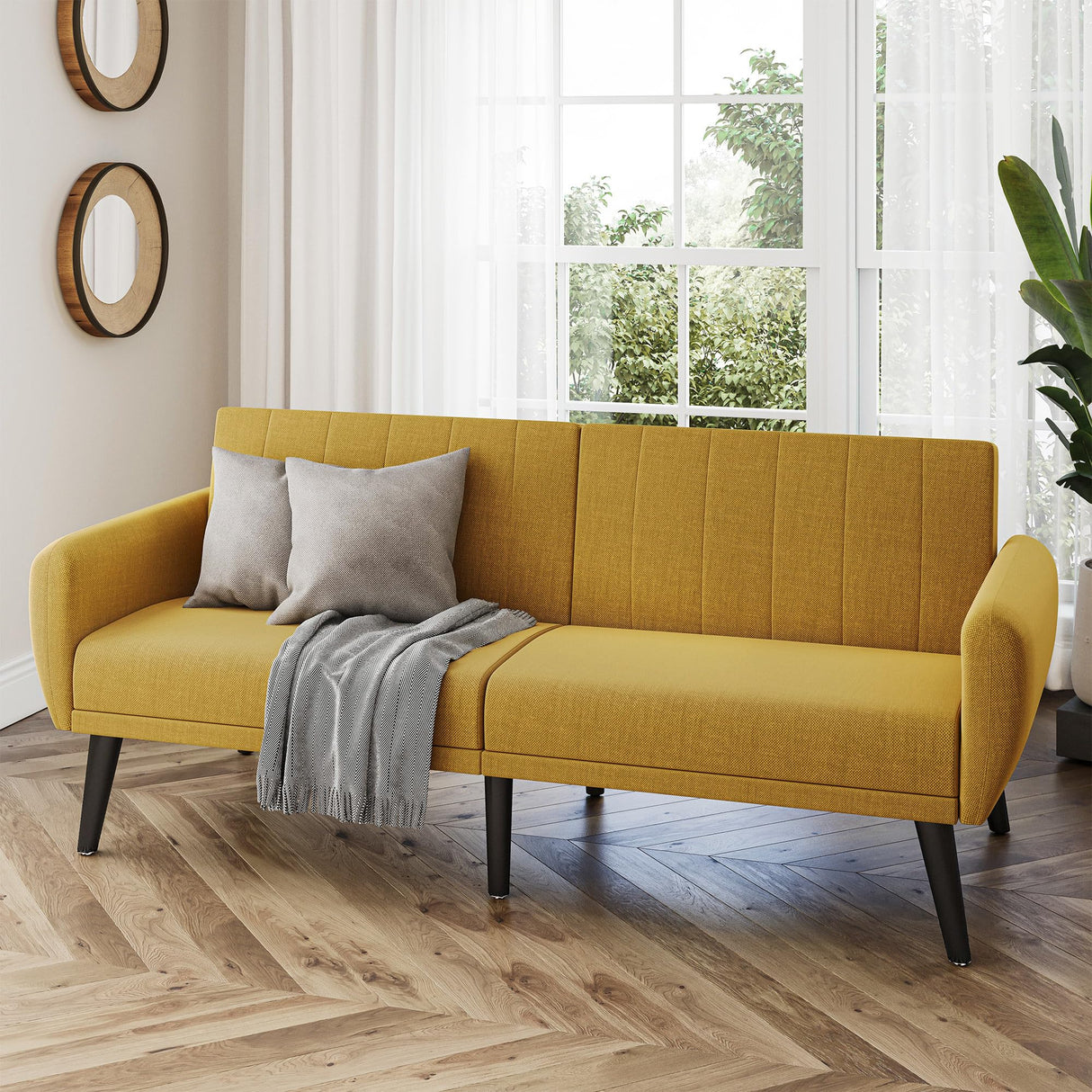 BELLEZE Adjustable Folding Sofa Bed, Upholstered Modern Convertible Futon, Sleeper Sofa for Living Room, Guest Room, Garage - Melrose (Yellow) BELLEZE