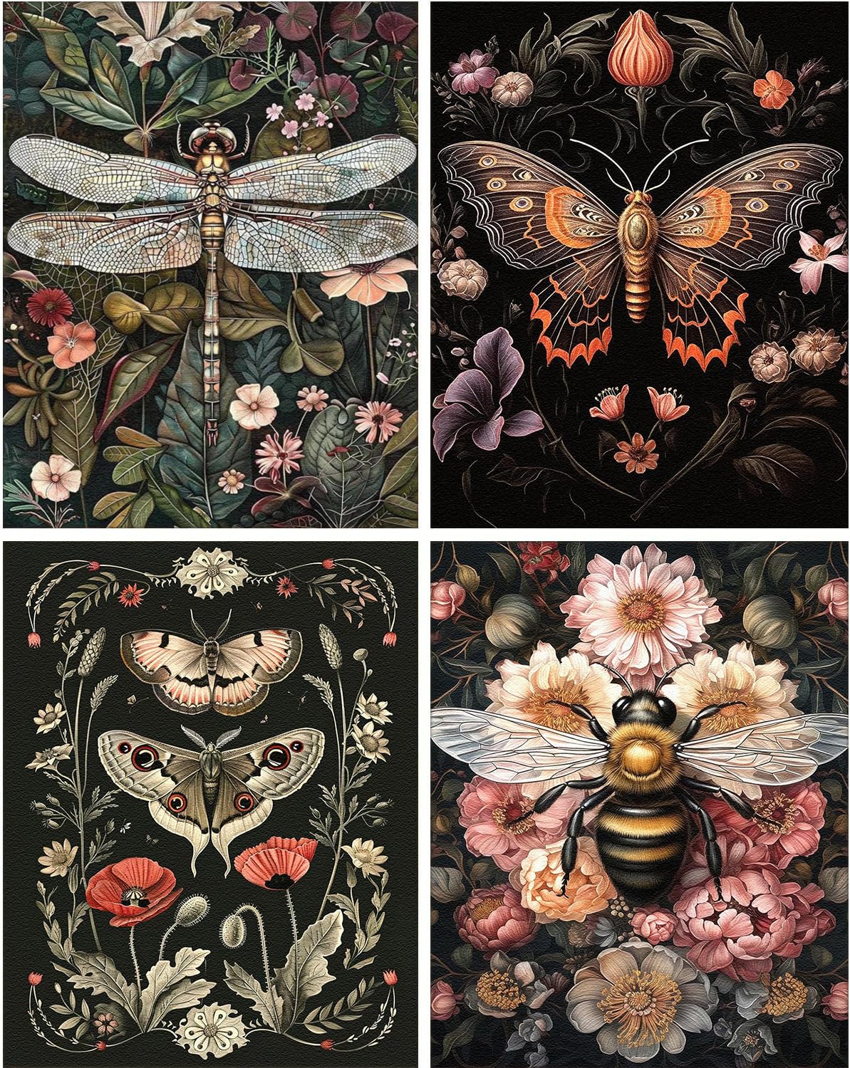 4 Pack Diamond Art Kits for Adults Beginners,Dragonflies, Butterflies, Moths, Bees Full Round Drill DIY Diamond Painting Kits,Paint by Diamonds Dot Gem Art Crystal Easy,Home Wall Decor 12x16Inch Tiwabb