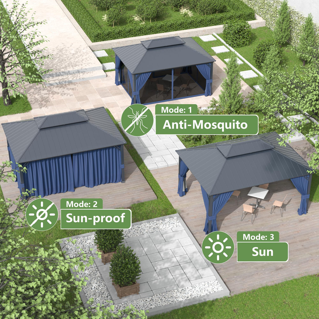 12' x 16' Hardtop Gazebo,Outdoor Galvanized Steel Metal Double Roof Gazebo with Curtains and Netting for Patios, Gardens, Lawns,Navy Blue Kullavik