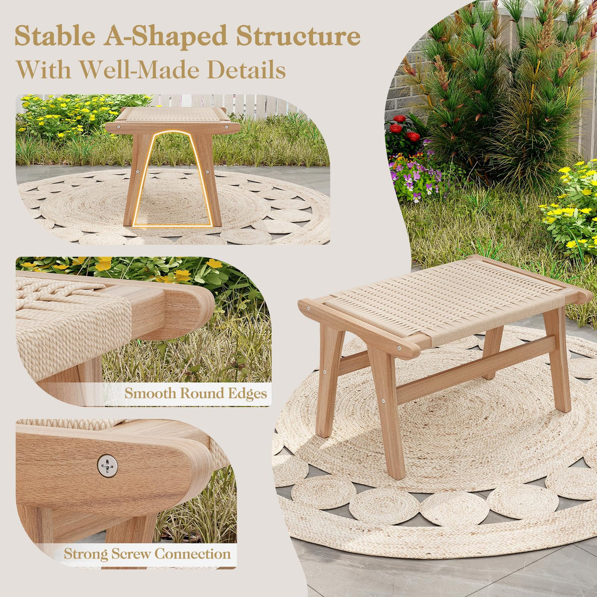 Tangkula Teak Wood Ottoman Footstool, Natural Teak Wooden Foot Rest with Braided Rope for Living Room Bedroom Office, 14" H, Indoor (1) Tangkula