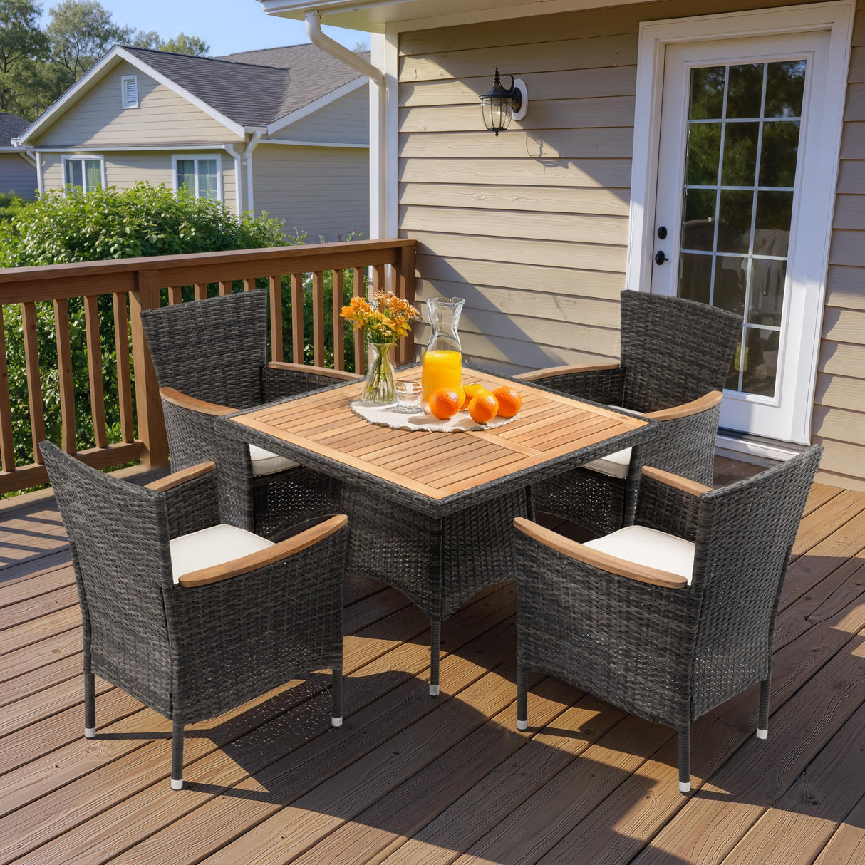 Wisteria Lane 5-Pieces Patio Dining Sets, Rattan Outdoor Table and Chairs with Acacia Wood Tabletop, Metal Patio Dining Furniture for 4 with Removable Cushions for Deck Garden Backyard, Grey Wisteria Lane