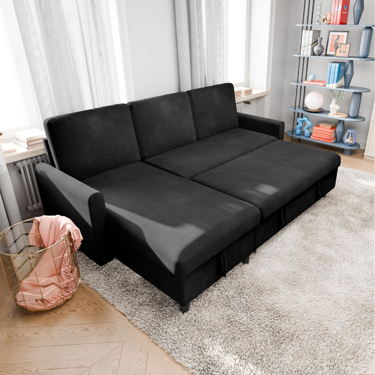 Vongrasig Pull Out Couch, Convertible Sleeper Sofa Bed with Storage, L-Shaped Sofa Bed with Storage Chaise Linen Fabric for Living Room, Apartment, Small Space, Black Vongrasig