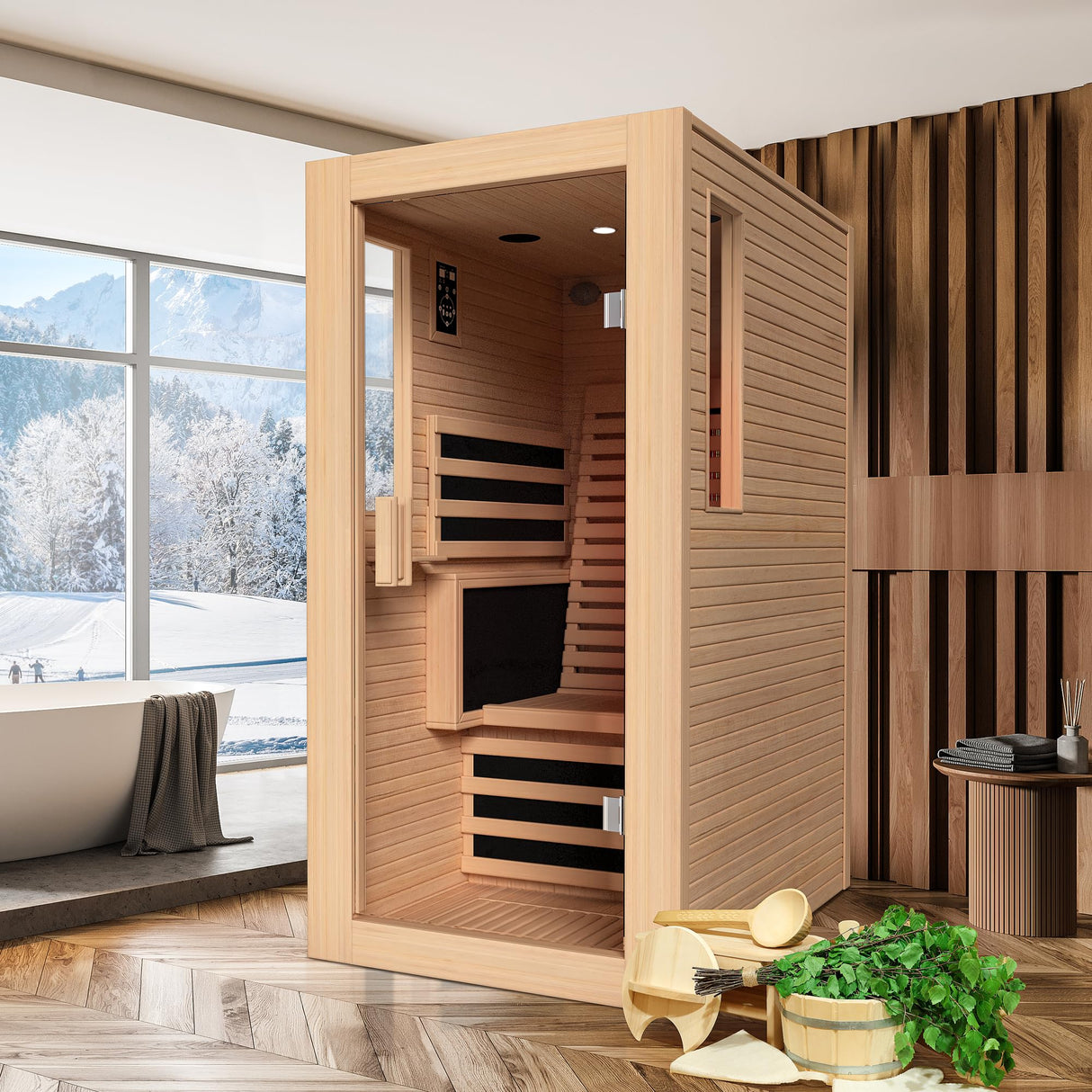 SWHSE Full Spectrum Infrared Sauna, Personal Sauna for Home with 7 Heating Panels&1 Carbon Tube,Indoor Dry Sauna with Adjustable Seat and Bluetooth Speaker,Canadian Hemlock,120V SWHSE