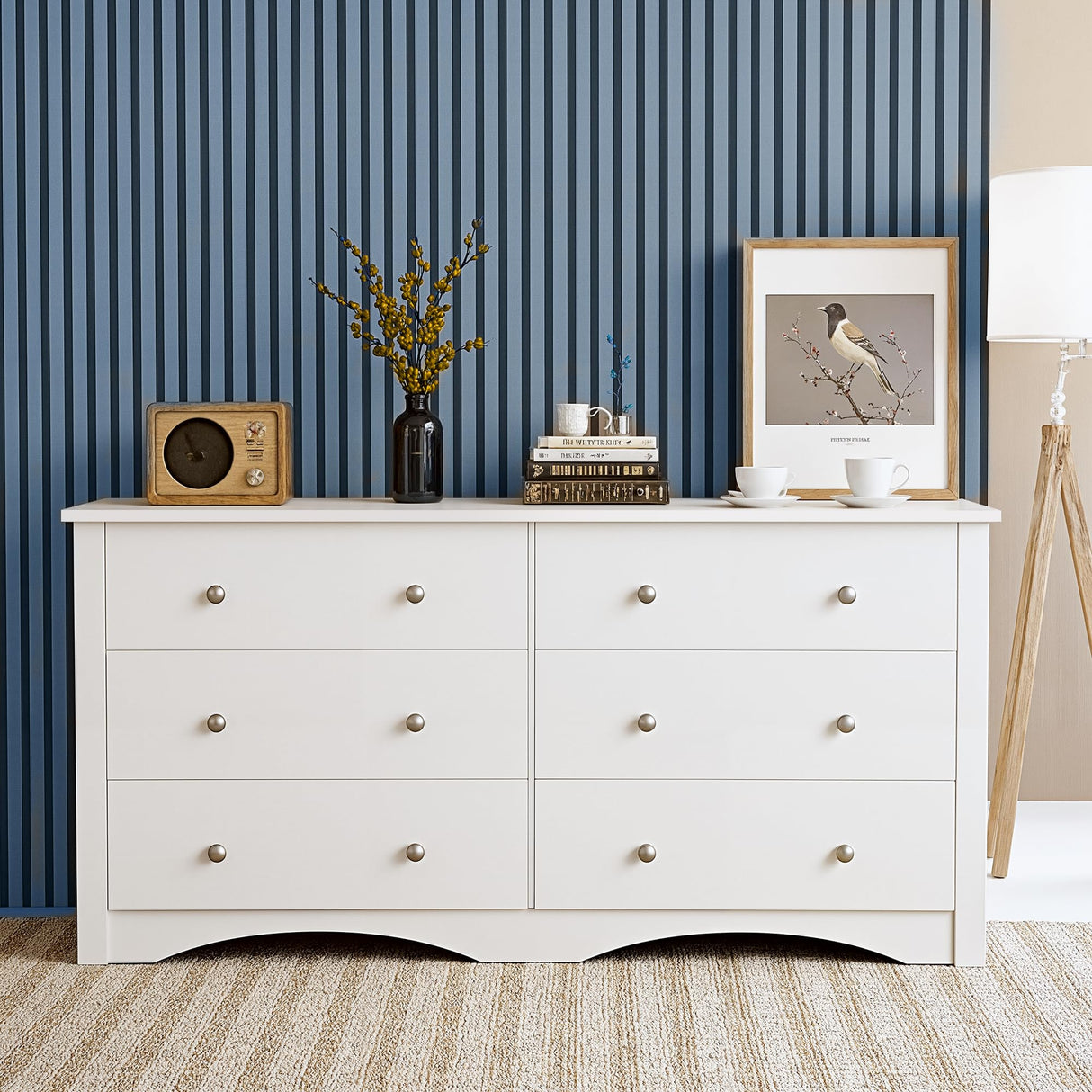 Furniwell 6 Drawer Dresser for Bedroom, Wood Dresser Wide Storage Organizer for Living Room Hallway Closets (White) Furniwell