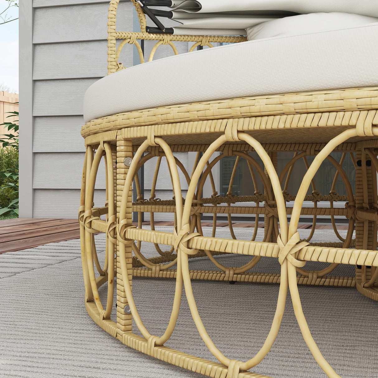 Outsunny Patio Furniture Set, Round Outdoor Daybed with Washable Couch Cushions, Hollow Wicker PE Rattan Sectional Sofa with Retractable Canopy for Pool, Lawn, Cream White Outsunny