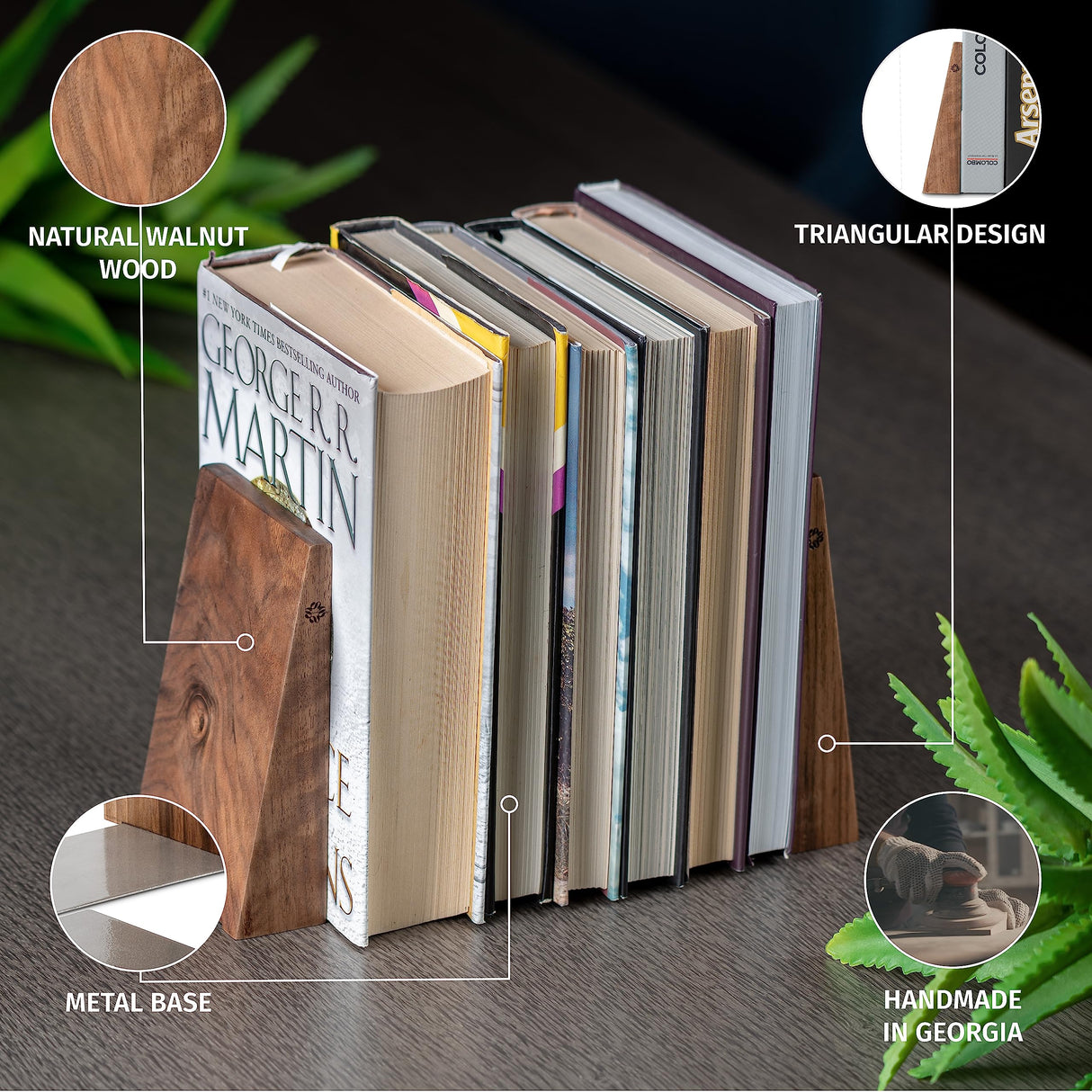 TILISMA Book Ends for Shelves - Handmade Wooden Bookends with Metal Base, Walnut Tree - Sturdy Book Holders for Heavy Books - Fancy Modern Decorative Book Accessories to Hold Books Firmly on Bookshelf TILISMA