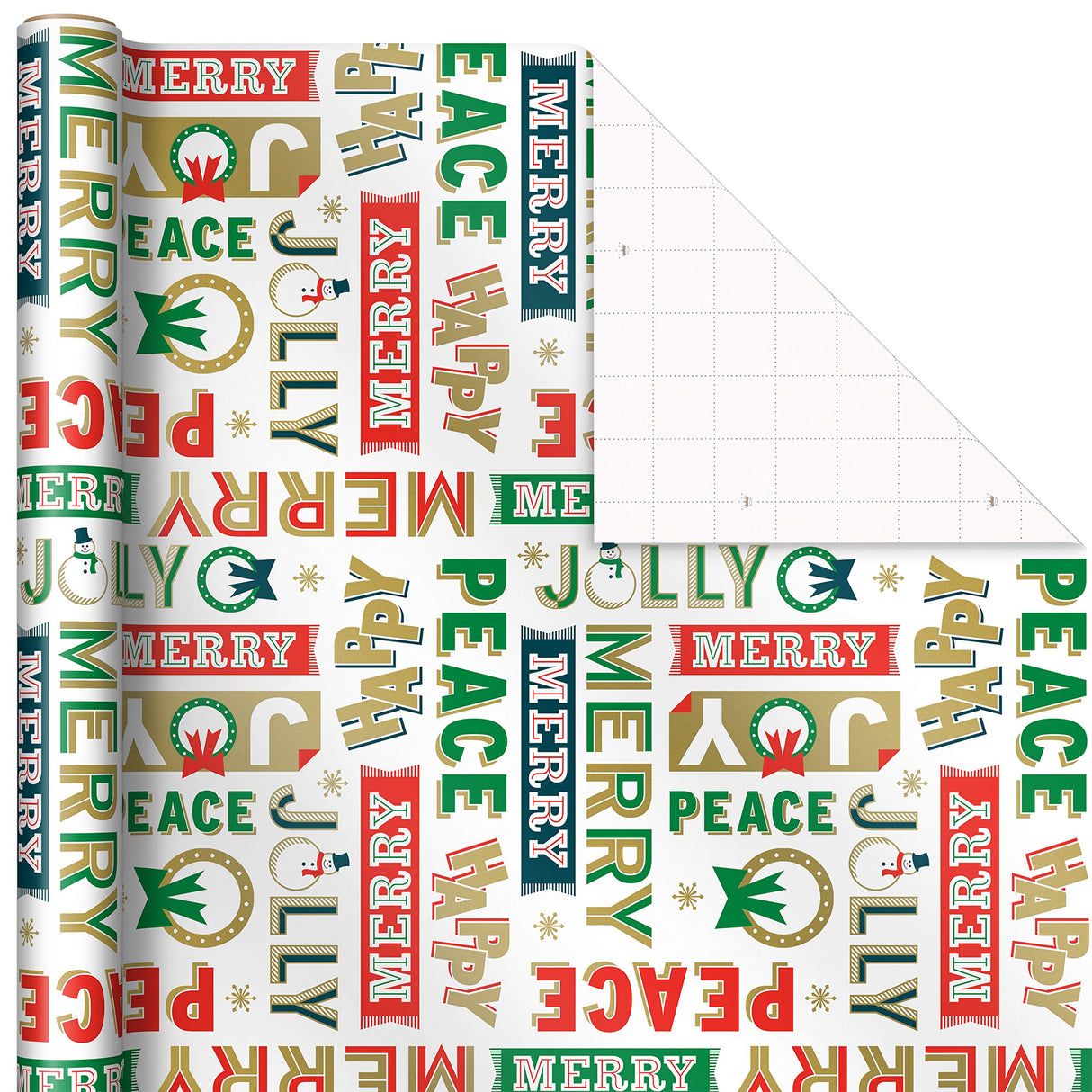 Hallmark Vintage Christmas Wrapping Paper Cut Lines on Reverse (3 Rolls: 120 sq. ft. ttl) Dancing Santas, Classic Snowman, "Merry, Jolly, Happy, Peace" Hallmark