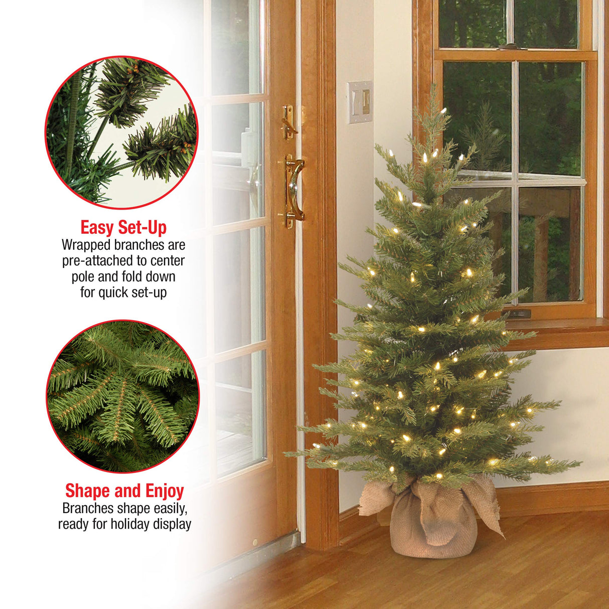 National Tree Company Pre-Lit 'Feel Real' Artificial Mini Christmas Tree, Green, Nordic Spruce, White Lights, Includes Burlap Bag Base, 3 Feet National Tree Company