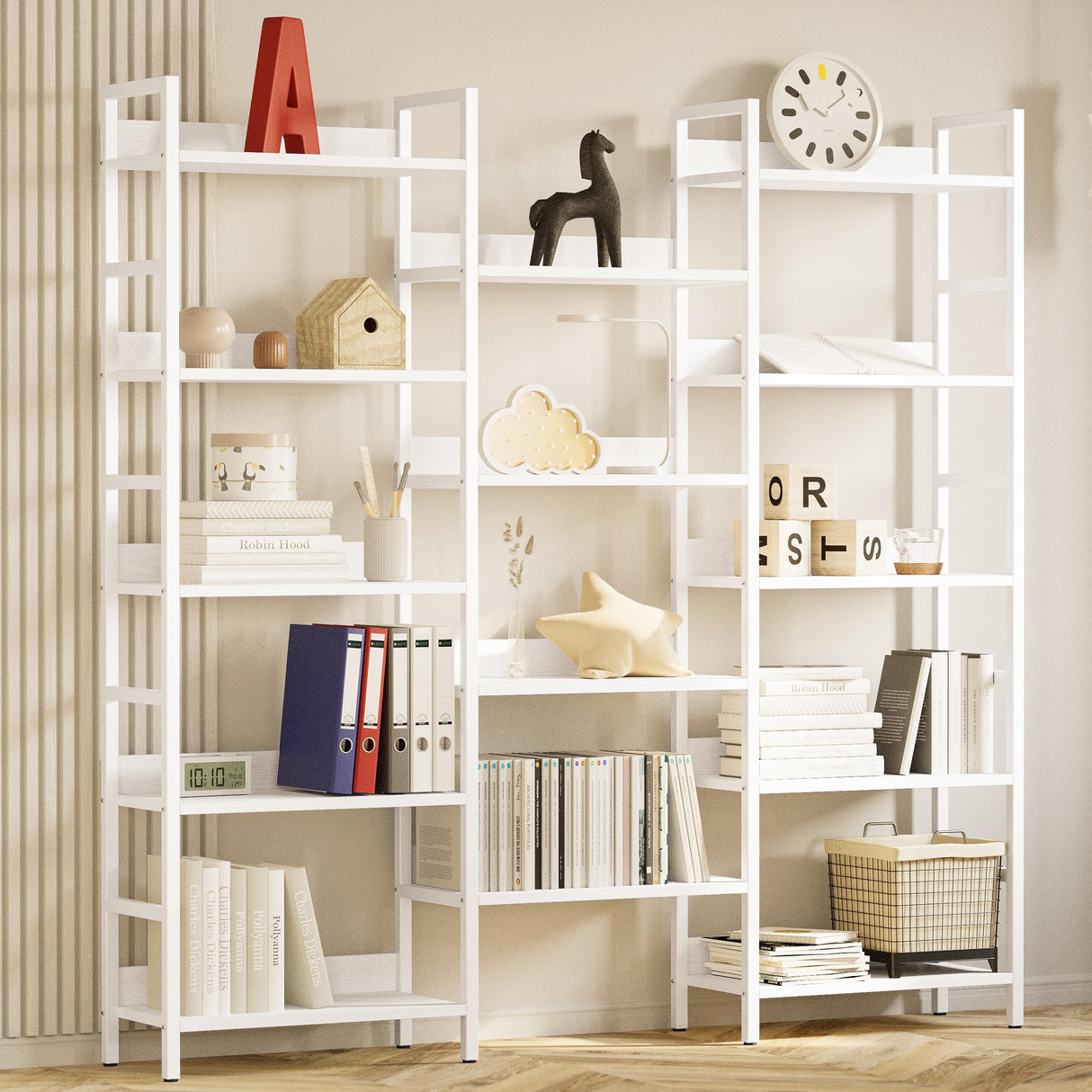 IRONCK Bookcases and Bookshelves Triple Wide 5 Tiers Industrial Bookshelf with Baffles Large Etagere Bookshelf with Metal Frame for Living Room Home Office IRONCK