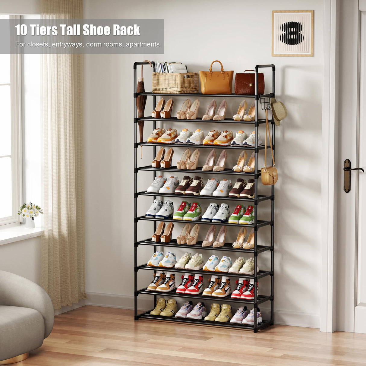 SRRSO Shoe Rack, 10 Tier Shoe Storage Organizer with Hooks,Fit 40-45 Pairs Shoes,Metal Tall Shoe Shelf for Closet,Entryway, Hallway,Garage,Bedroom,Cloakroom SRRSO