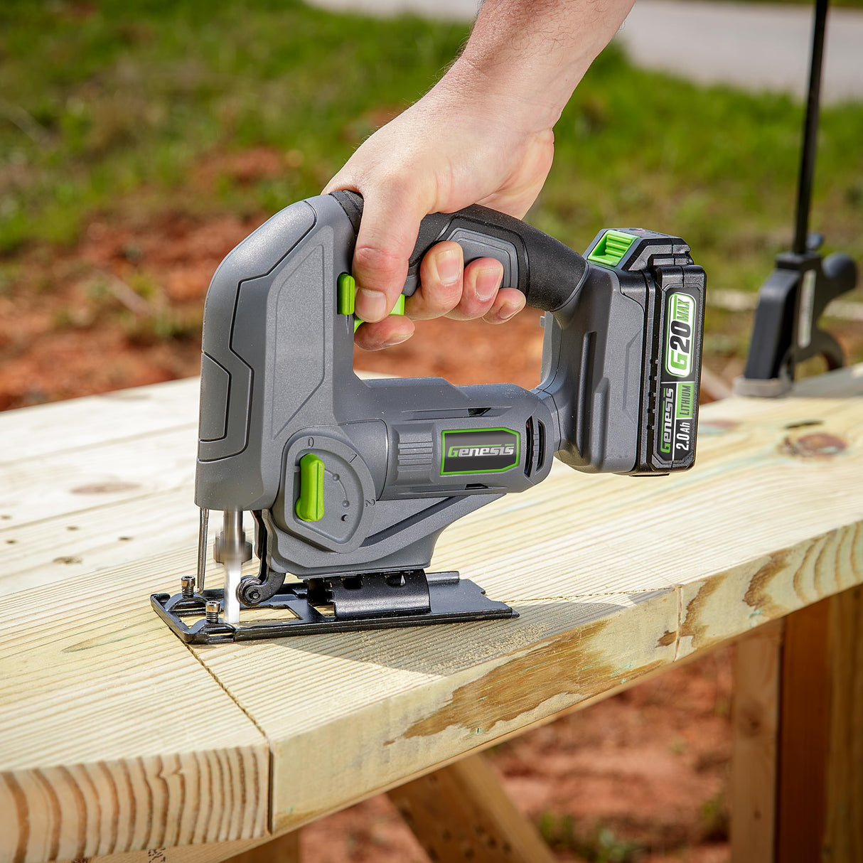 GENESIS G20MAX 20V Variable-Speed Jig Saw with 3-Orbital Settings, 2.0Ah Battery and quick charger included, Toolless blade clamp, Bevel Cutting left & right. Genesis