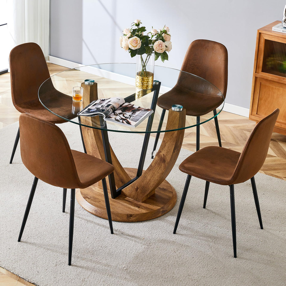 LFVFFA Round Dining Table Set for 4, 48 Inches Kitchen Table with 4 Brown Chairs, Tempered Glass Tabletop with Wood Pedestal Base, 5 Pieces Dinner Table Set for Living Room Apartment LFVFFA