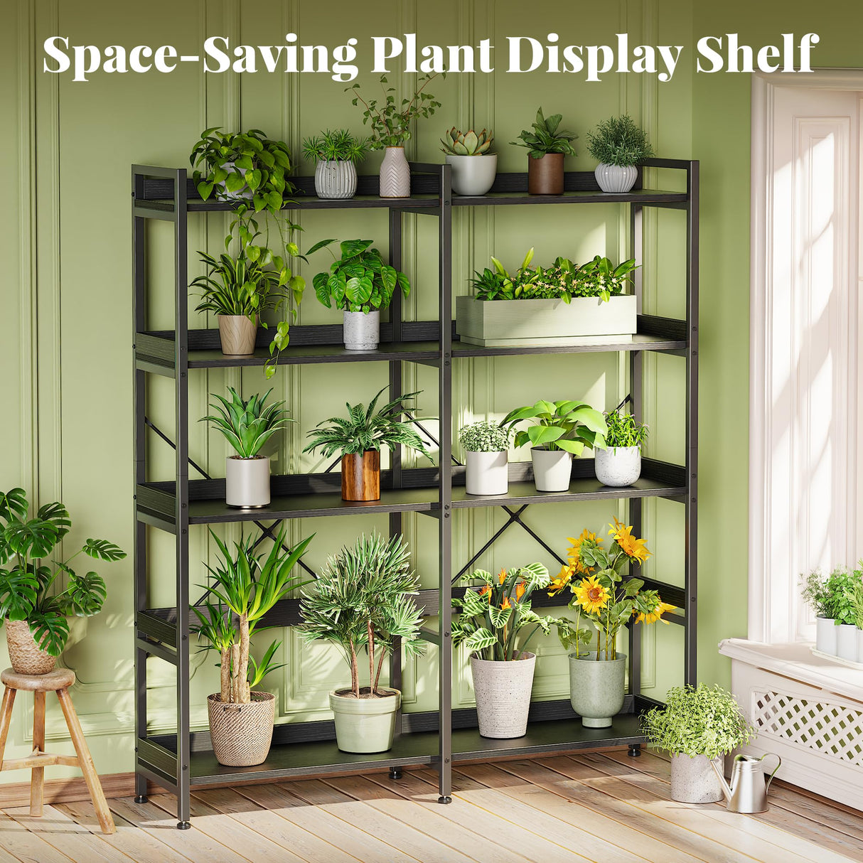 Huuger 5 Tier Bookshelf, Display Bookshelf with 10 Open Shelves and Raised Baffle, 47.2 Inch Straight Wide Bookcase with Metal Frame and Wooden Board, Adjustable Feet, Black Huuger