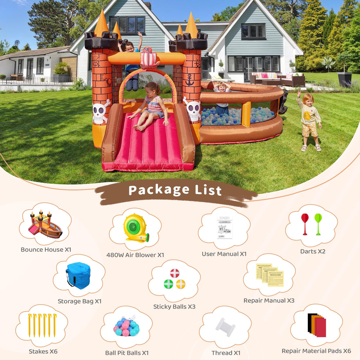 Inflatable Bounce House for Kid 3-8: Jump Bouncy House Castle with Slide - Blow Up Bouncer with 480W Blower for Toddler Outdoor Indoor Play TOAOB