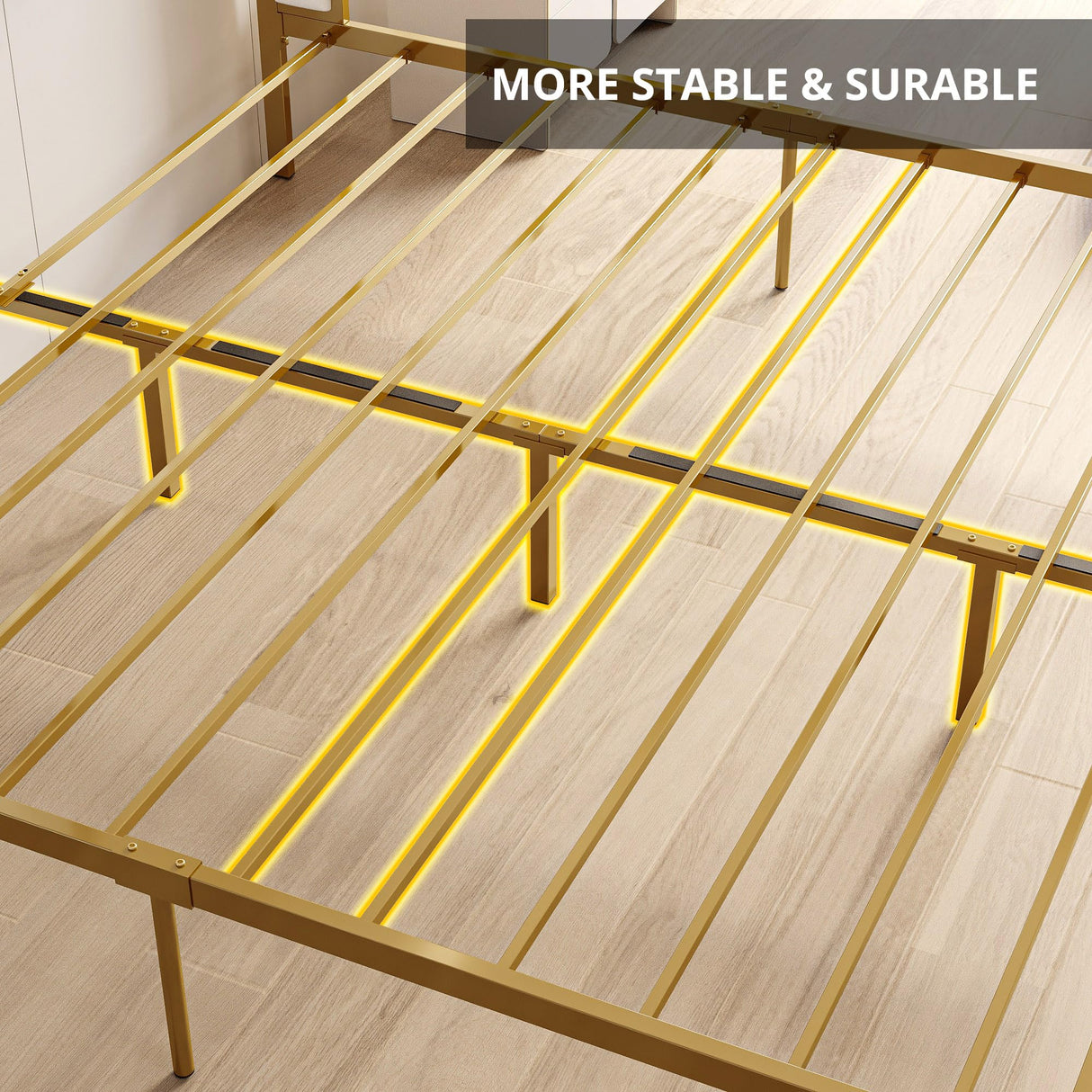 LIKIMIO Queen Bed Frame with Armrests Headboard & RGB Light, Upholstered Queen Size Bed Platform with Drawers, No Box Spring Needed, Study & No Noise, Modern Gold and White LIKIMIO