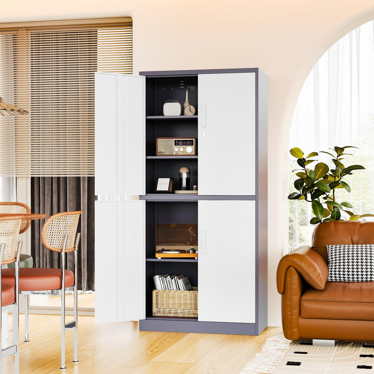 Fesbos 71” Metal Storage Cabinet-Lockable File Cabinet Garage Tool Cabinet with Doors and Shelves-Gray&White Steel Cabinet for Garage-Heavy Duty File Cabinet for Home, Office, Gym, Kitchen, School Fesbos